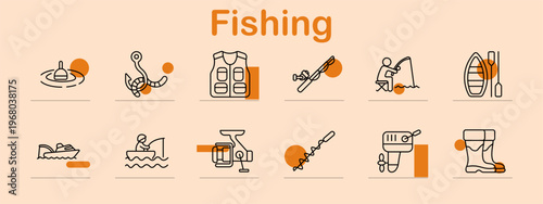Fishing activity set icon. Float hook vest rod boat person kayak ship reel drill boots equipment water catch outdoor hobby tools collection.