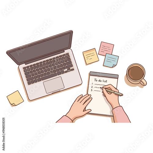 Person writing on notepad with laptop and coffee nearby indoors