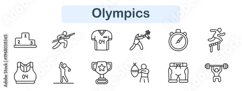 Olympics set icon. Podium, athlete with javelin, jersey, stopwatch, hurdler, trophy, boxer, weightlifter, sports uniform, competition elements, international games line icons