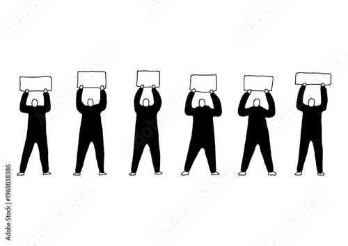 何も書かれていないまっさらなボードを掲げて立っている人物の手描きイラストセット