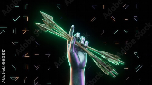 Hand Holding Arrows with Neon Background Hand Arrows Neon Stylized Digital Art Symbolism Archery. Concept featuring hand, arrows, neon, stylized, digital art for professional commercial design.