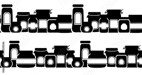 Vector monochrome set of seamless borders various jams. Collection of frames with black silhouette of bottles