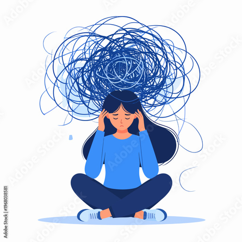 Depressed Woman Sitting In Lotus Pose With Tangled Thoughts Above Her Head, Representing Mental Health Struggles And Anxiety