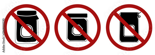Vector monochrome set of prohibition signs with jars. No jam. Canned food forbidden. Collection of prohibition badges