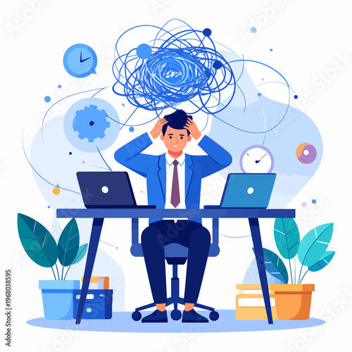 Stressed Businessman Overwhelmed by Chaotic Thoughts and Workload at His Desk