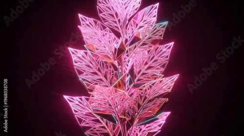 Glowing Pink Leaf Structure Pink Leaves Glowing Futuristic Nature Digital Art 3D Rendering. Concept featuring pink, leaves, glowing, futuristic, nature for professional commercial design.