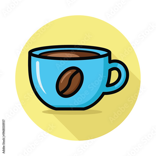 Blue coffee cup with brown liquid.