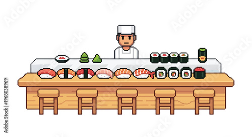 This charming pixel art vector shows a sushi chef at work, with an array of fresh nigiri and maki rolls displayed on a wooden counter with stools.