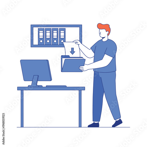 Man organizing files and documents at office desk.
