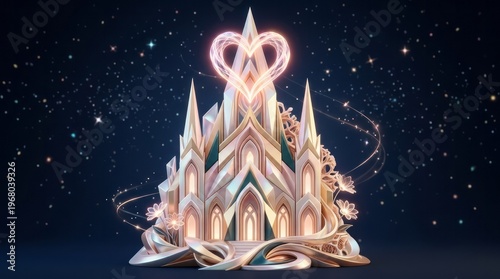 Fantasy Castle with Heart Lights Fantasy Castle Heart Lights Whimsical Stars Magic. Concept featuring fantasy, castle, heart, lights, whimsical for professional commercial design.