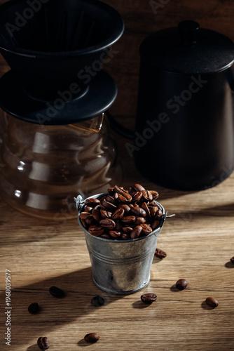 Freshly Roasted Coffee Beans in Metal Bucket on Wooden Tabletop
