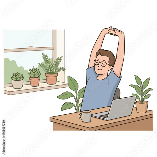Man stretching at desk with laptop and plants on windowsill indoors
