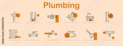 Plumbing set icon. Line symbols depict sink basin, wrench tools, pipe valve, plumber worker, bathtub, drain pipe, curved pipe, mixer tap, water faucet, shutoff valve, plunger tool