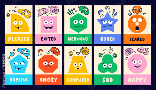 Collection of posters with Geometric figure face emotions.