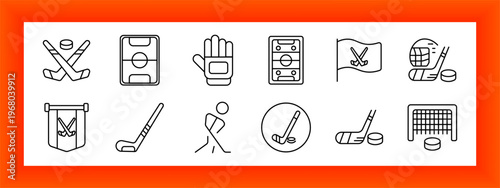 Ice hockey equipment set icon. Crossed sticks, rink field, protective glove, game board, team flag, helmet cage, banner emblem, stick tool, player figure, puck circle, stick pair, goal