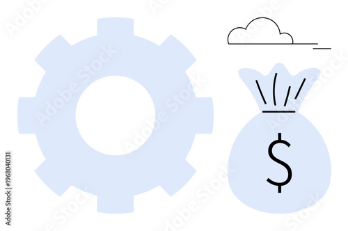 Financial planning, savings, business operations, growth strategies, investments, economy. A gear and a money bag with a dollar sign beside a stylized cloud. Financial planning and savings concept