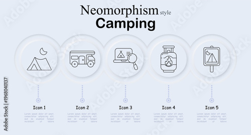 Camping set icon. Tent under moon night sky, camper van vehicle, laptop map with magnifier search, camping gas cylinder stove, campsite signboard with tent symbol