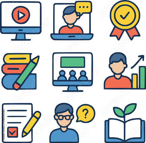Vector illustration of digital education icon set , online class, badge, e book. 