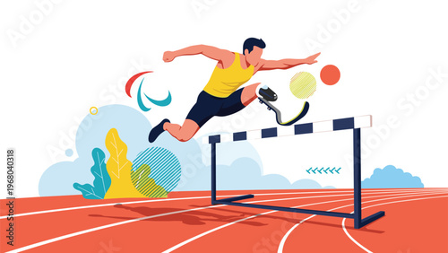 Inspiring illustration of a paralympic male athlete with a prosthetic leg competing in a hurdle race on a professional running track.