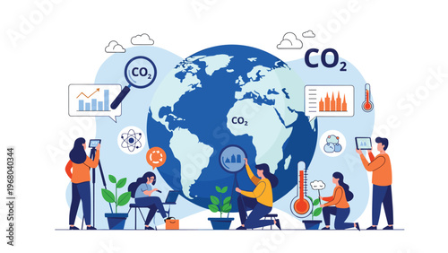 Scientists and researchers monitoring carbon dioxide levels and global temperature rise for climate change environmental study.