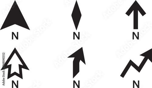 NORTH ARROW INDICATORS AND COMPASS DIRECTION NAVIGATION MAP VECTOR ICONS