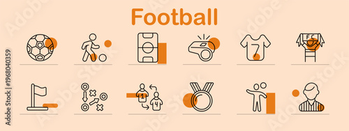 Football set icon. Line symbols depict soccer ball, player dribbling, field layout, referee whistle, jersey, fan scarf, corner flag, tactics plan, player substitution, medal, juggling player, coach