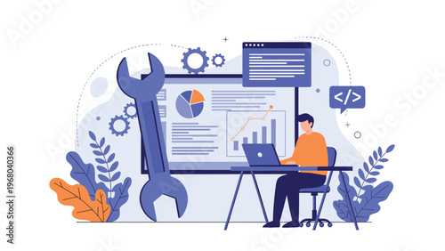 IT professional or software developer working on data analysis and system maintenance using laptop with various charts.