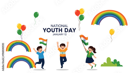 National Youth Day celebration on January 12 featuring happy children jumping with indian flags and rainbows.