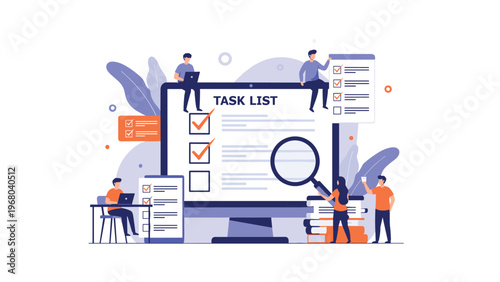 Team of business people collaborating to manage and complete items on a large digital task list and project plan.