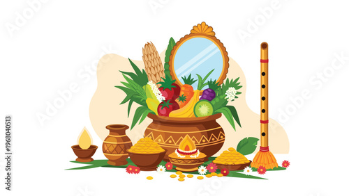 Traditional indian festival arrangement with a pot of fresh vegetables and fruits alongside ritual lamps and a flute.