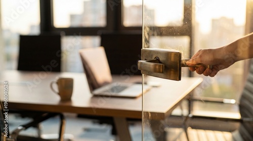 Принти на полотні Hand opening a clear glass door to an empty modern office meeting room bathed in warm morning light