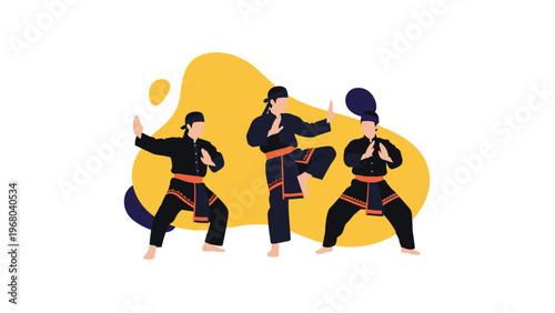 Martial arts practitioners in traditional black uniforms performing pencak silat defensive poses against yellow background.