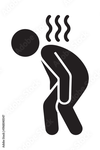 Exhausted stick figure man leaning forward with wavy steam lines representing heat or sweat
