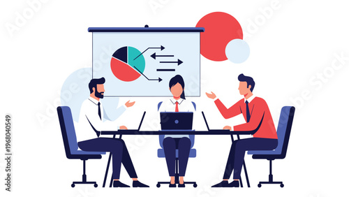 Collaborative business team discussing financial reports and data analytics during a formal office meeting.