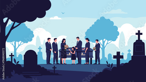 Somber group of people mourning a loved one during a burial ceremony at a peaceful cemetery with gravestones.