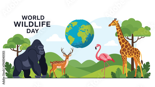 World Wildlife Day celebration featuring diverse animals like gorilla giraffe and flamingo around the earth globe.