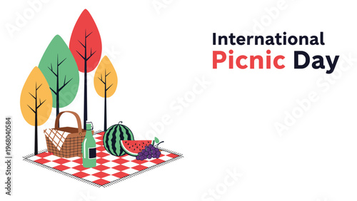 International Picnic Day celebration with a picnic basket and fresh fruits on a checkered blanket in a park.