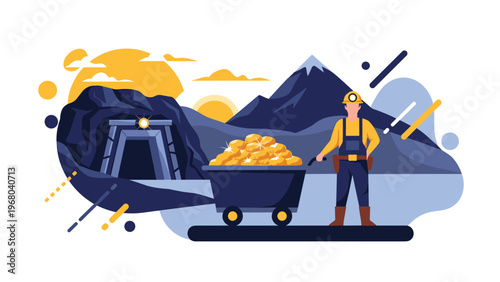 Hardworking gold miner stands beside a cart full of sparkling nuggets in front of an underground mine entrance nestled in a mountainous landscape.