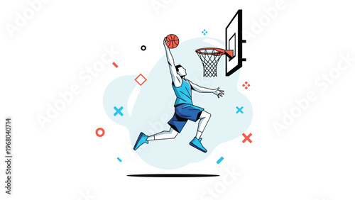 Athletic male basketball player performs a dynamic slam dunk toward the hoop in a stylized sports illustration with abstract background elements.