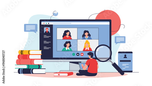 Remote work and video conference concept shows a man at a computer monitor having an online meeting with four female colleagues in video tiles.