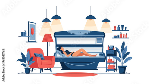 Woman relaxes in a modern tanning bed inside a professional solarium spa featuring stylish furniture, lamps, and beauty products on shelves.