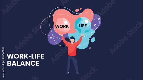 Work-life balance concept features a person holding up two spheres representing career and personal life in a balanced and harmonious composition.