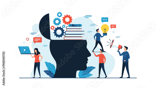 Human creativity and knowledge concept shows an open head filled with gears, books, and ideas being developed by tiny people in a diverse workspace.