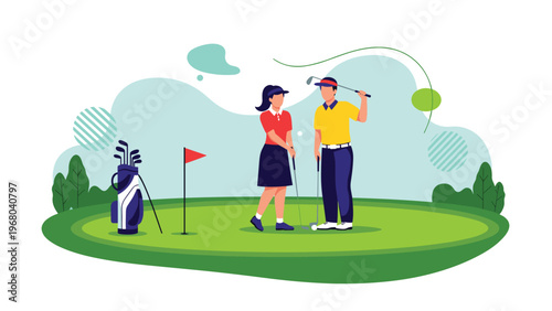 Two people enjoy playing golf on a green course with a golf bag, clubs, and a flag marker under a bright sky in a relaxed sports activity.