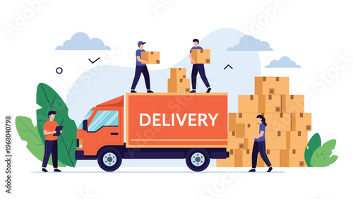 Logistics and delivery service concept shows workers loading cardboard boxes into an orange cargo truck in a busy shipping and transportation environment.