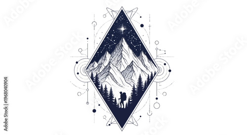 Minimalist Geometric Mountain Landscape with Hiker and Celestial Constellations Illustration for Tattoo or Logo Design
