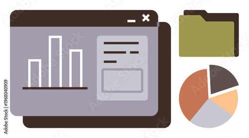 Data visualization, analytics tools, workflow monitoring, statistical insights, file management, record keeping. Bar chart, file folder and pie chart ion. Data visualization and analytics tools