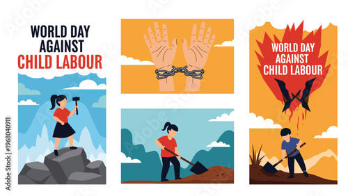 World Day Against Child Labour awareness posters show children in forced labor, shackled hands, and a fire to represent the urgency of protection.