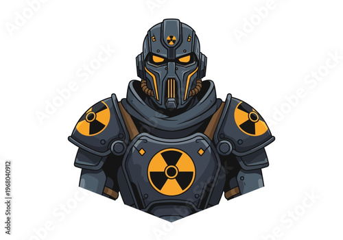 Post-Apocalyptic Soldier in Nuclear Power Armor with Radiation Hazard Symbols, Futuristic Warrior Illustration