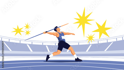 Professional athlete competes in javelin throw inside a large sports stadium under glowing stars, showcasing strength and peak performance.